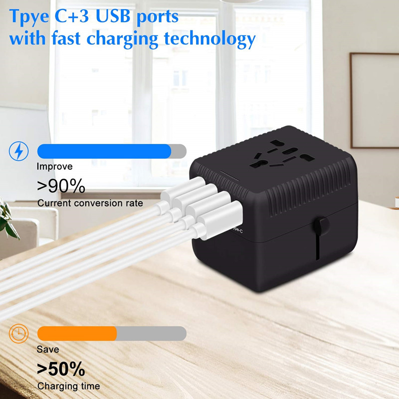 PD 범용 여행 어댑터 하나 국제 벽 충전기 AC 플러그 어댑터 5A 스마트 전원 및 3.0A USB Type-C 미국 EU 영국 AUS
